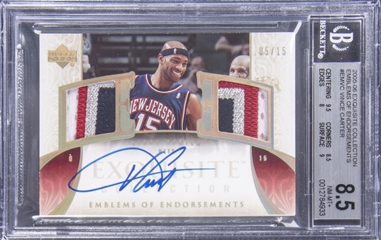 2005-06 UD "Exquisite Collection" Emblems of Endorsements #EMVC Vince Carter Signed Patch Card (#05/15) - BGS NM-MT+ 8.5/BGS 10